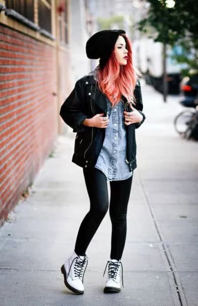 Black Oversized Leather Jacket with Blue Denim Tunic Top & Leggings