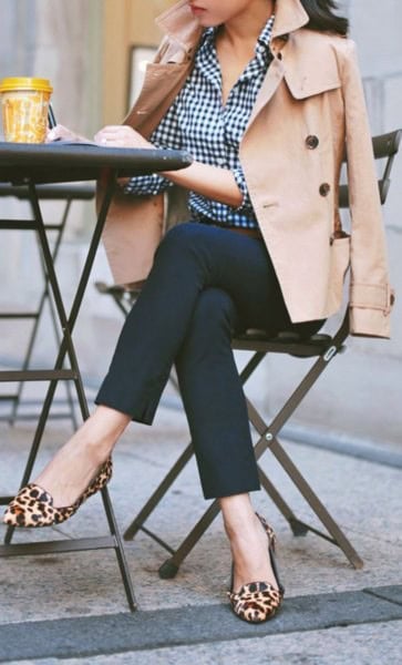 Black and White Plaid Shirt with Beige Trench Coat