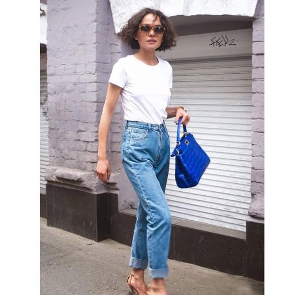 White Crew Neck T Shirt with Blue Straight Leg Vintage High Waisted Jeans