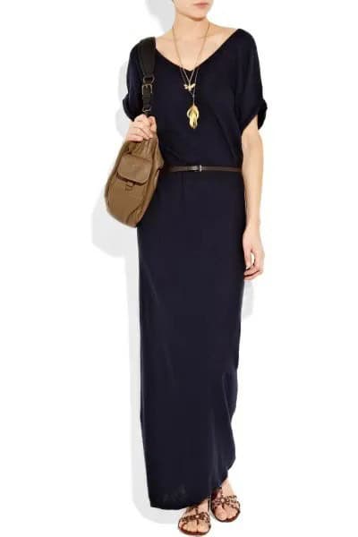 Black Short Sleeve Maxi Belted Cotton Shift Dress