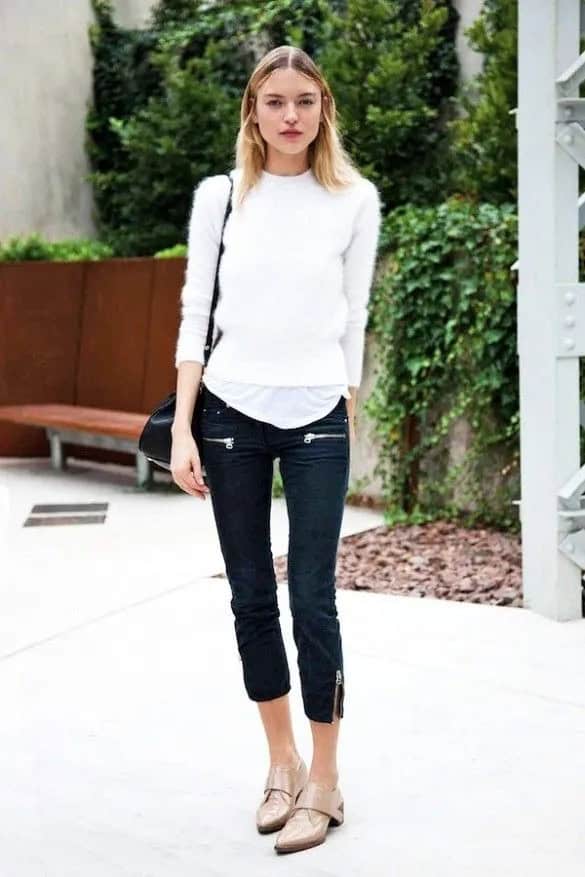 White Cropped Sweater and Black Capri Pants