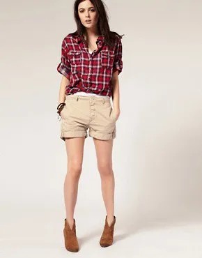 Red and White Plaid Boyfriend Shirt with Beige Cuffed Shorts