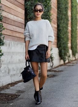 White Ribbed Chunky Sweater with Black Lace Up Leather Skirt