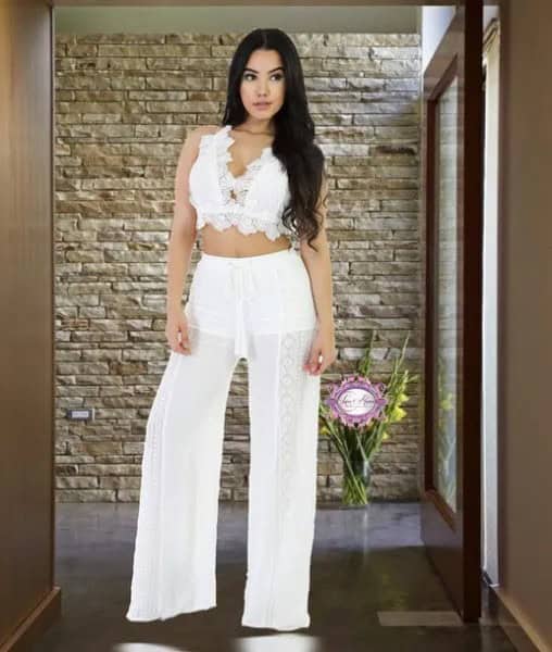 Lace Bralette with White Semi-Sheer Wide Leg Crochet Beach Pants