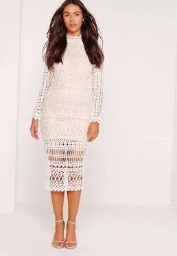 White Midi Semi-Sheer Long Sleeve Lace Dress