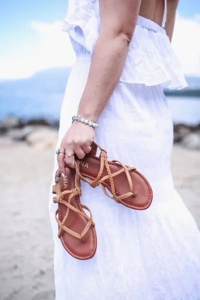 White Tank Maxi Dress with Brown Walking Sandals