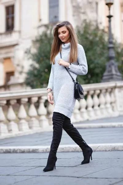 Light Grey Knee Length Knit Dress with Black Suede Thigh High Heeled Boots