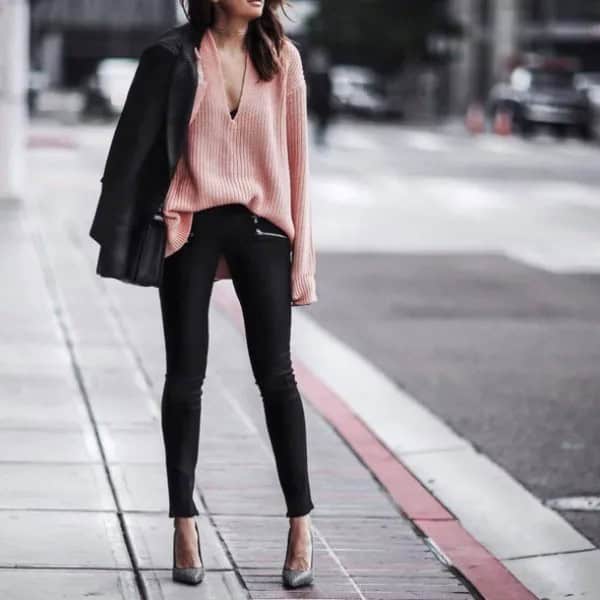 V Neck Crepe Knit Sweater with Black Blazer