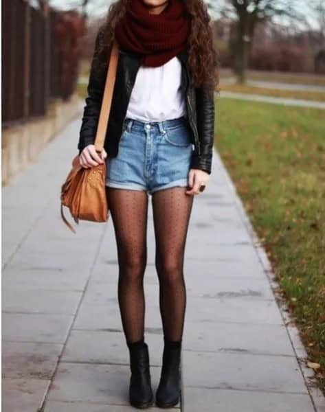 Black Leather Jacket with White Chiffon Top & Brown Leather Shoulder Bag