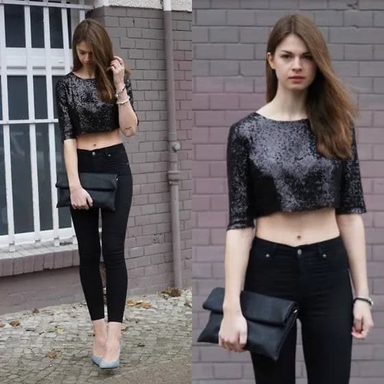 Black Cropped Sequin Top with Skinny Jeans & Leather Clutch Bag