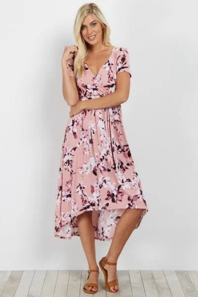 Blush Pink Floral Printed Midi Flared Wrap Dress