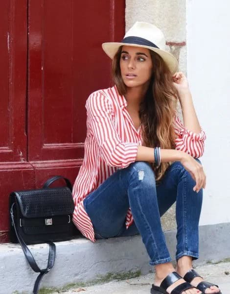 White Felt Hat with Striped Shirt & Skinny Jeans