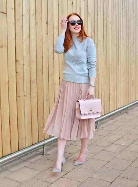 Grey Mock Neck Sweater with Pink Pleated Skirt