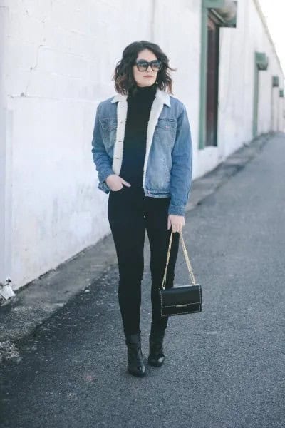 Blue Denim Sherpa Lined Jacket with All-Black Outfit