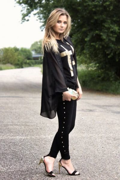 Black Chiffon Jacket with Skinny Jeans & Open Toe Shoes