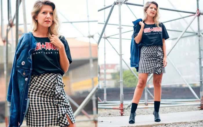 Navy Retro T Shirt with Checkered Mini Wrap Skirt