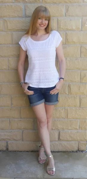 White T Shirt with Blue Cuffed Denim Shorts & Silver Heeled Sandals