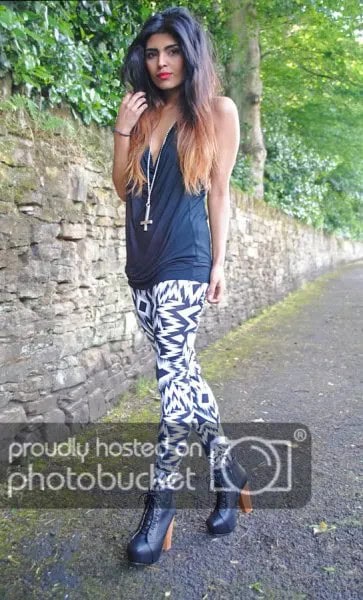 Grey Tank Top with Black and White Zig-Zag Printed Leggings