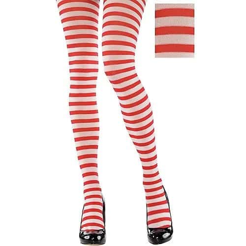 Red and White Horizontal Striped Leggings & Black Rounded Toe Leather Heels