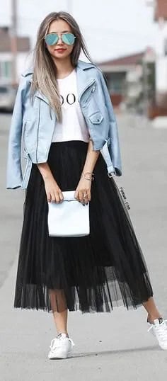 White Print Tee with Teal Leather Jacket & Black Mesh Skirt