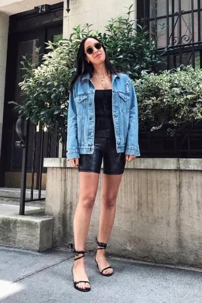 Blue Denim Boyfriend Jacket with Black Cycling Shorts