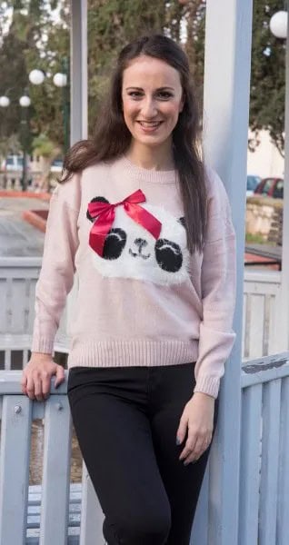 Light Grey Panda Printed Graphic Sweater with Black Slim Fit Jeans