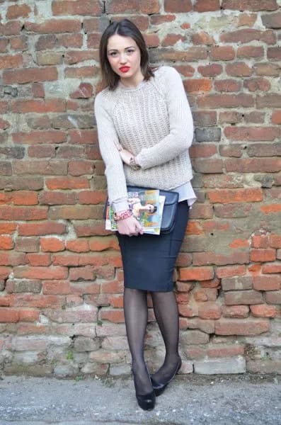 Chunky Cable Knit Pullover with Black Pencil Skirt & Stockings