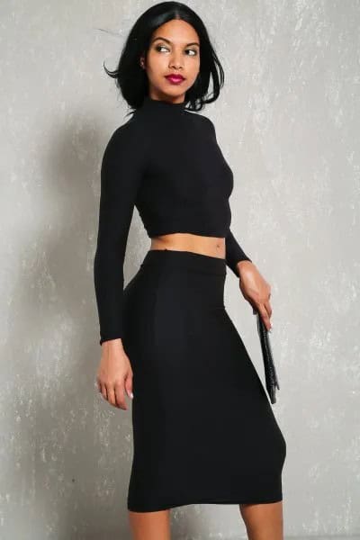 Two-Piece Dress with Black Long Sleeve Mock Neck Crop Top