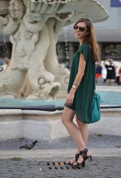 Dark Green Chiffon Mini Shift Dress with Open Toe Black Heels