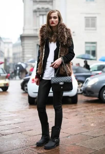 Black Faux Fur Coat with Leather Pants & Matte Moto Boots