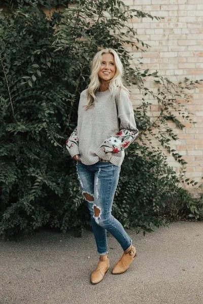 Grey Embroidered Sweater with Ripped Skinny Jeans