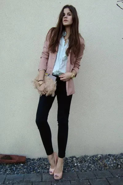 Blush Slim Fit Long Blazer with White Shirt & Open Toe Light Pink Heels