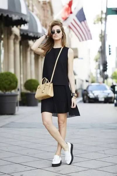 Black Sleeveless Mini Shift Dress with White Platform Loafers