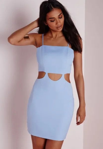 Sky Blue Spaghetti Strap Cutout Front Bodycon Mini Dress