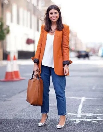 Orange Oversized Jacket with Blue Wide Leg Mom Jeans