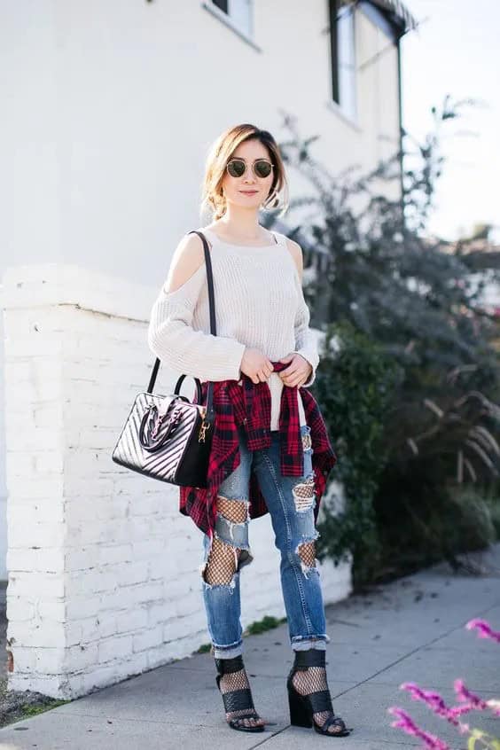 Fishnet Tights and Plaid Button-Down