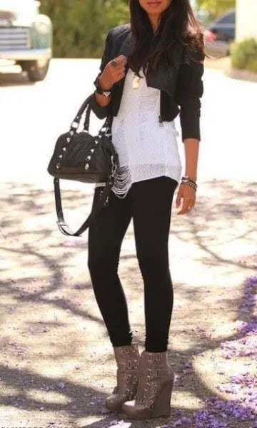 Black Mini Leather Jacket with White Chiffon Blouse & Grey Ankle Boots