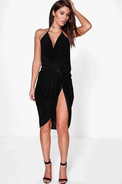 Black V Neck Midi Side Slit Gathered Waist Party Dress