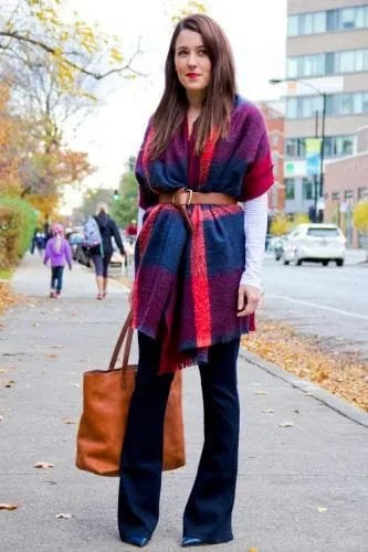 Blue and Orange Belted Pashmina Blanket Scarf with Black Blouse & Flare Jeans