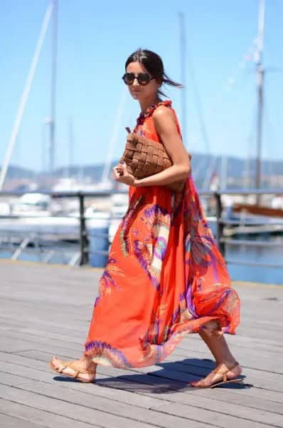 Orange and Blue Printed Chiffon Maxi Flared Dress