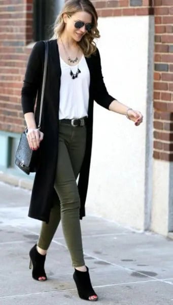 Long Black Cardigan with White Vest Top & Green Skinny Jeans