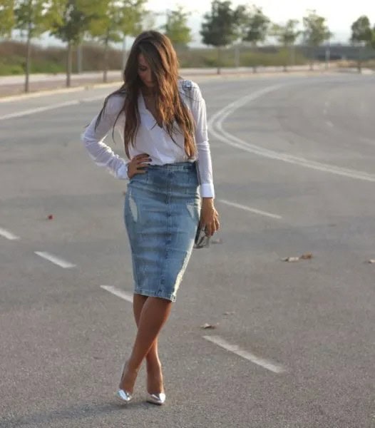 Light Blue Button Up Shirt with Knee Length Denim Ripped Skirt