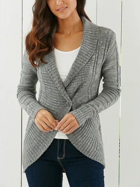 Grey Shawl Collar Cardigan with White Scoop Neck Tee & Dark Jeans