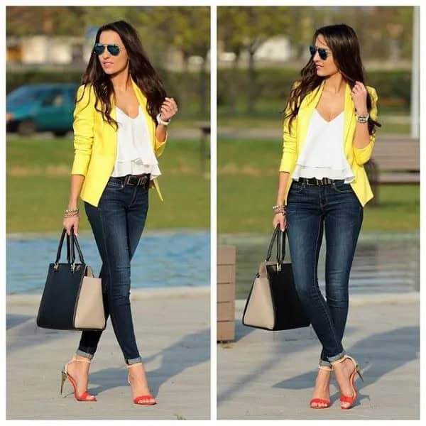 White V Neck Ruffle Top with Yellow Jacket