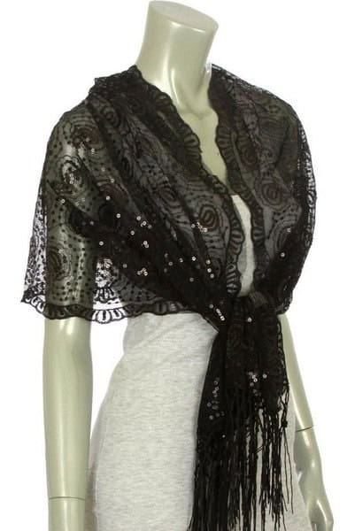 Black Lace Shawl Over Light Heather Grey Bodycon Mini Dress