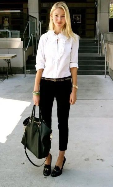 White Ruffle Button Up Shirt with Black Cuffed Jeans & Tassel Loafers