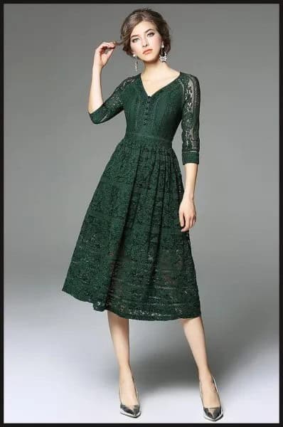 Dark Green Three Quarter Sleeve Lace Dress