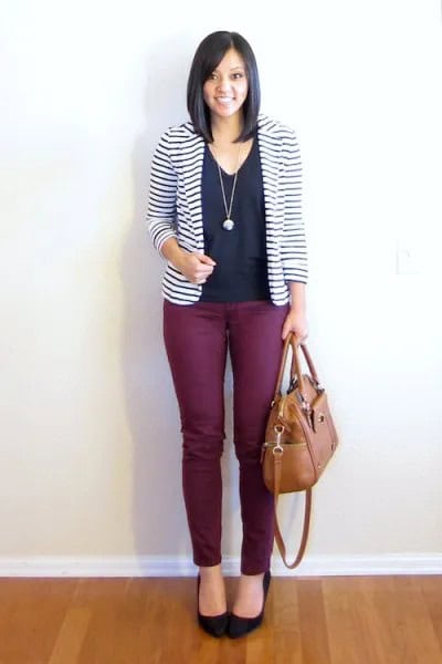 Black and White Striped Blazer with V Neck Blouse & Ballet Heels