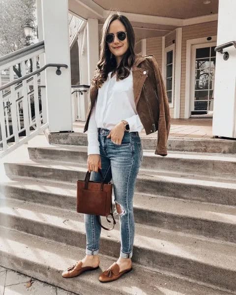 Brown Leather Jacket with Matching Leather Loafers