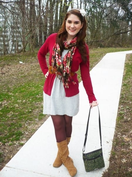 Red Belted Cardigan Over White T Shirt Dress